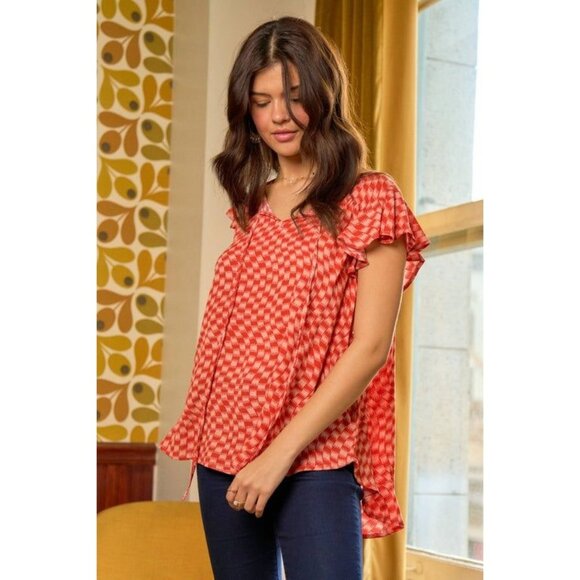 Orange & White Patterned Ruffle Sleeve Top Jade By Jane S 100% Rayon Lightweight - Picture 2 of 4